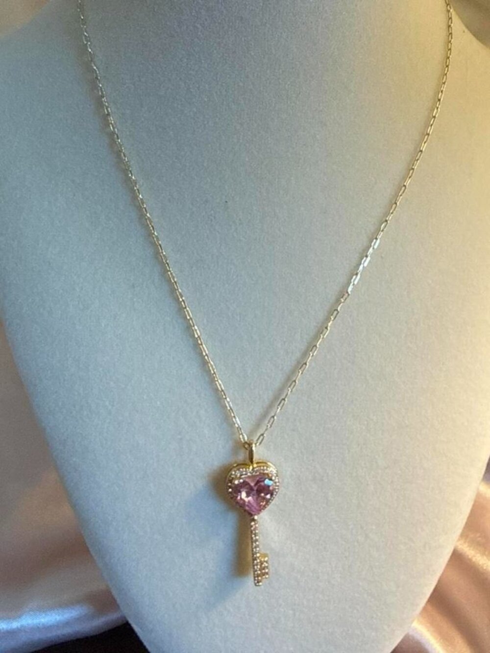 Pink heart key pendant necklace with gold chain